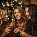 Joyful female friends ring in the new year with laughter and celebration in a cozy living room or festive bar adorned with a Christmas pine tree background